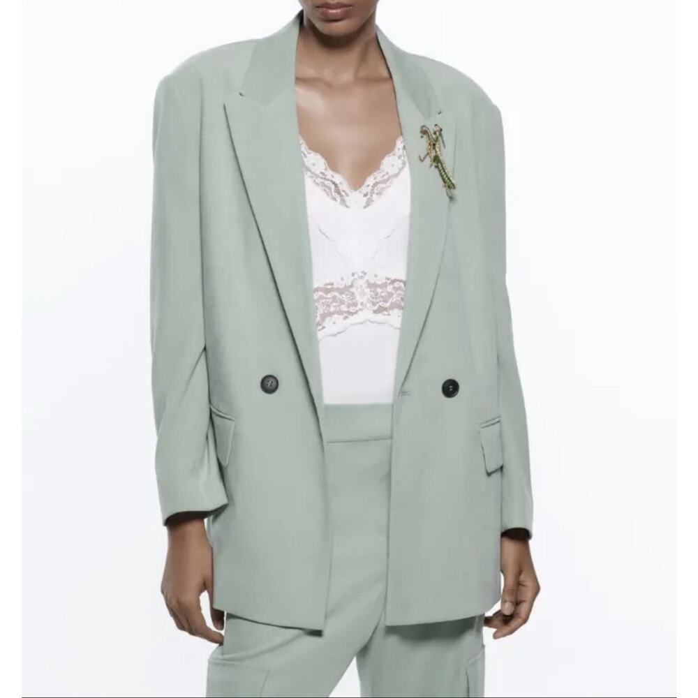 Zara Double-Breasted Soft Relaxed Oversized Blazer Light Green Women's Size XL